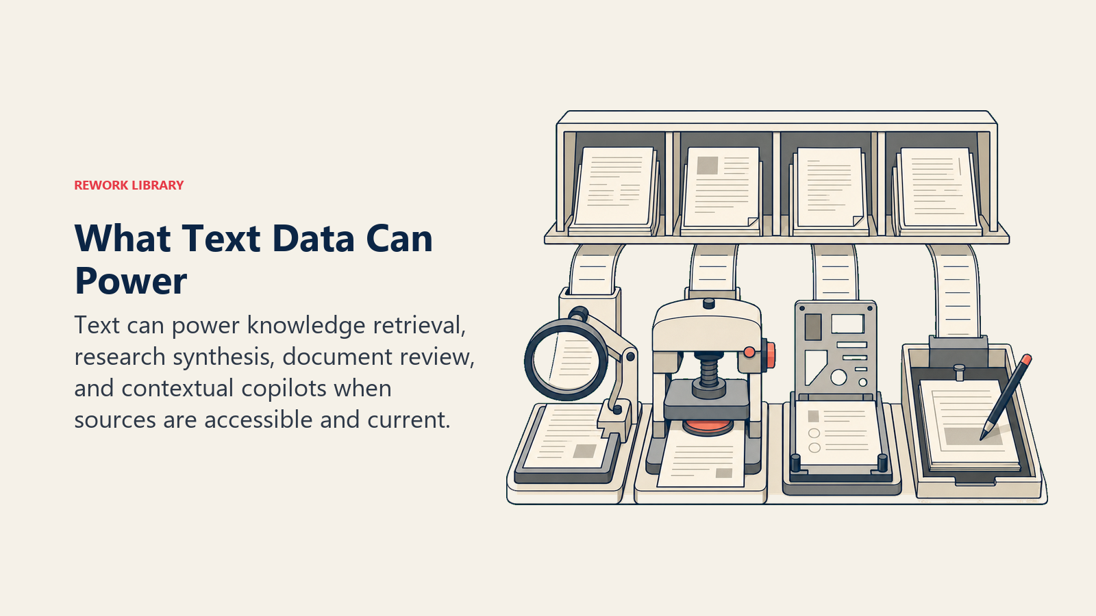 Text data powering retrieval, research synthesis, document review, and workflow copilot patterns