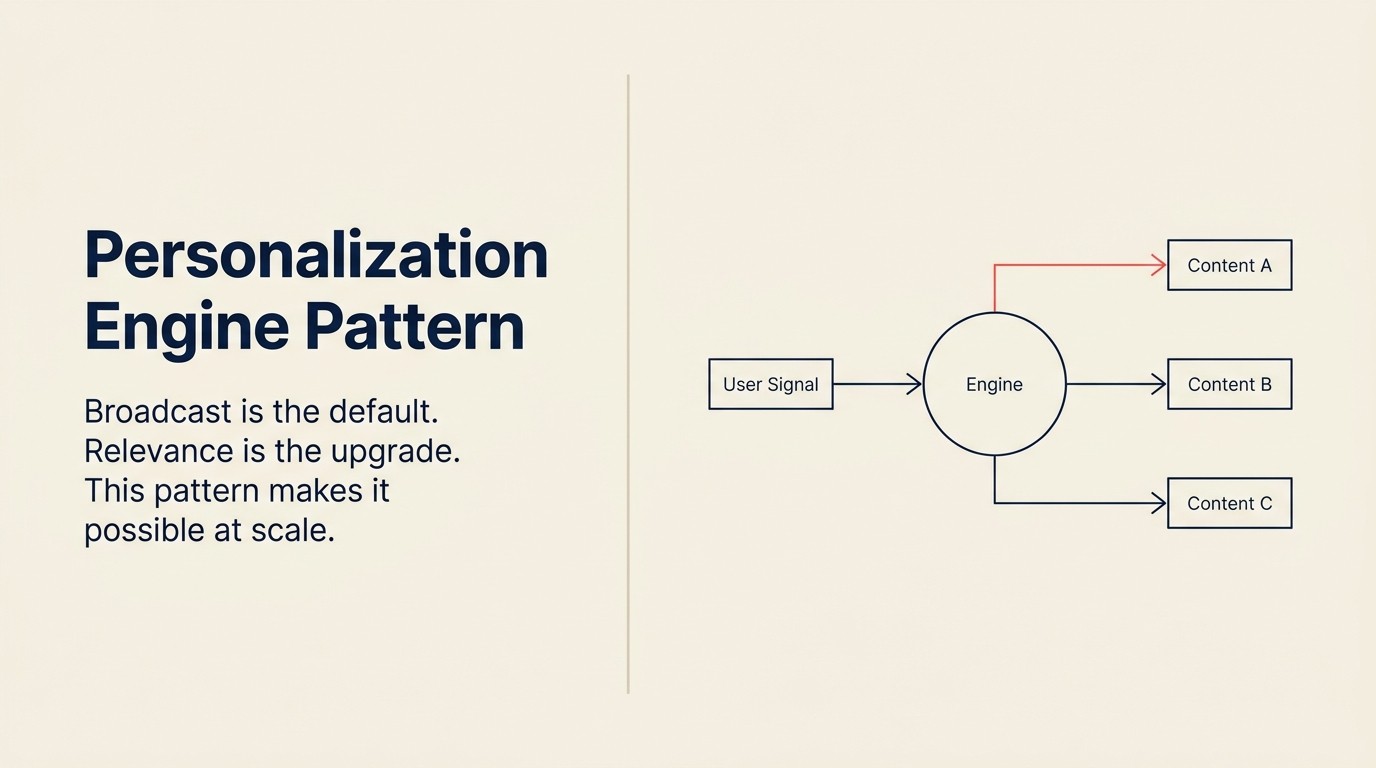 Sơ đồ pattern Personalization Engine hiển thị tín hiệu hành vi người dùng chảy vào xây dựng hồ sơ, dự đoán, và phân phối nội dung cá nhân hóa