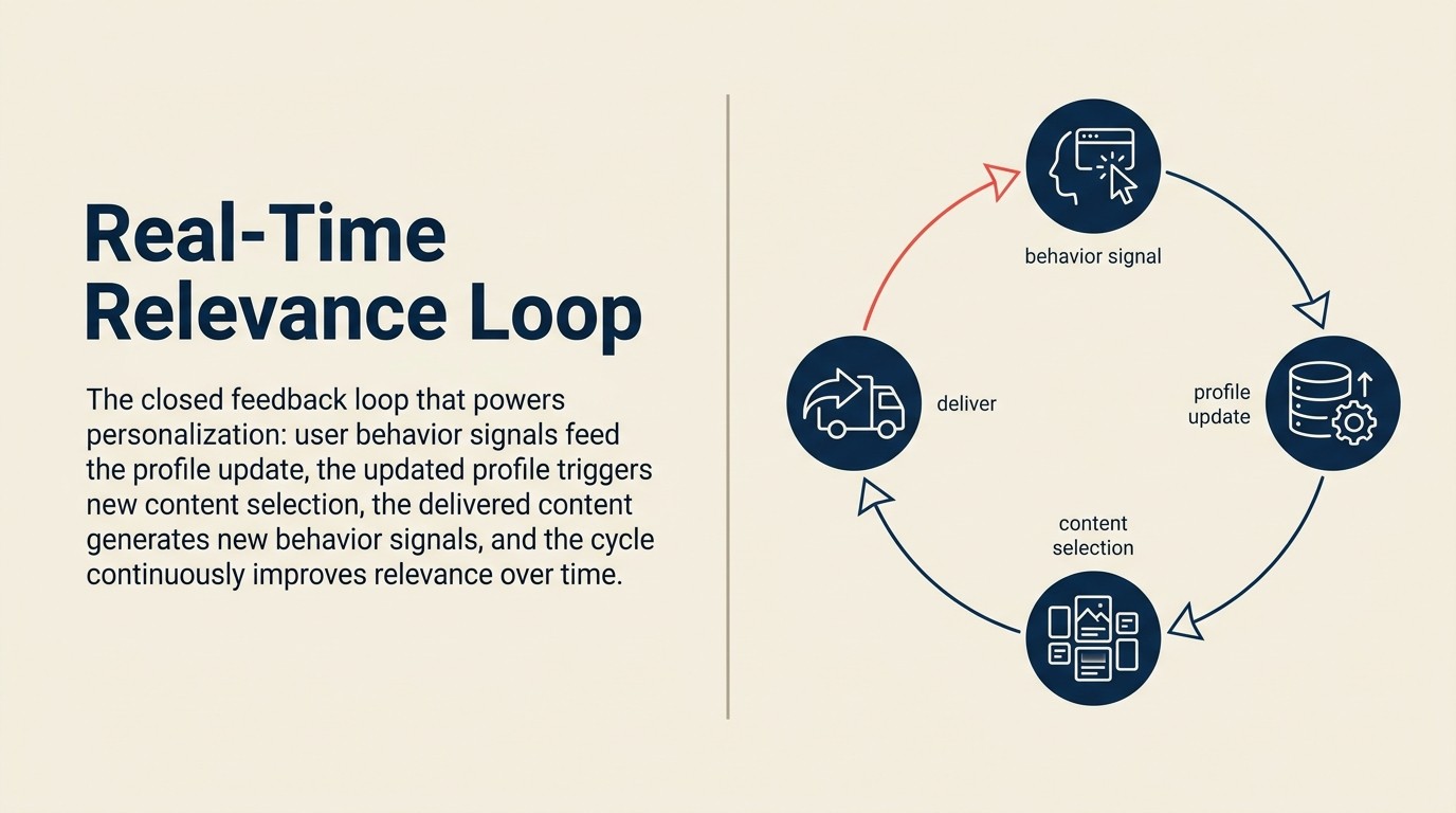 Real-Time Relevance Loop: tín hiệu hành vi cập nhật hồ sơ người dùng, hồ sơ thúc đẩy dự đoán, dự đoán tạo ra nội dung cá nhân hóa, phản hồi của người dùng cung cấp lại như tín hiệu tiếp theo