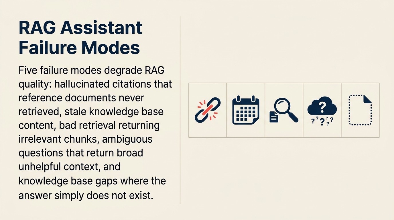 Bảng failure modes RAG: hallucinated citations, knowledge base lỗi thời, retrieval kém, câu hỏi mơ hồ, knowledge gaps