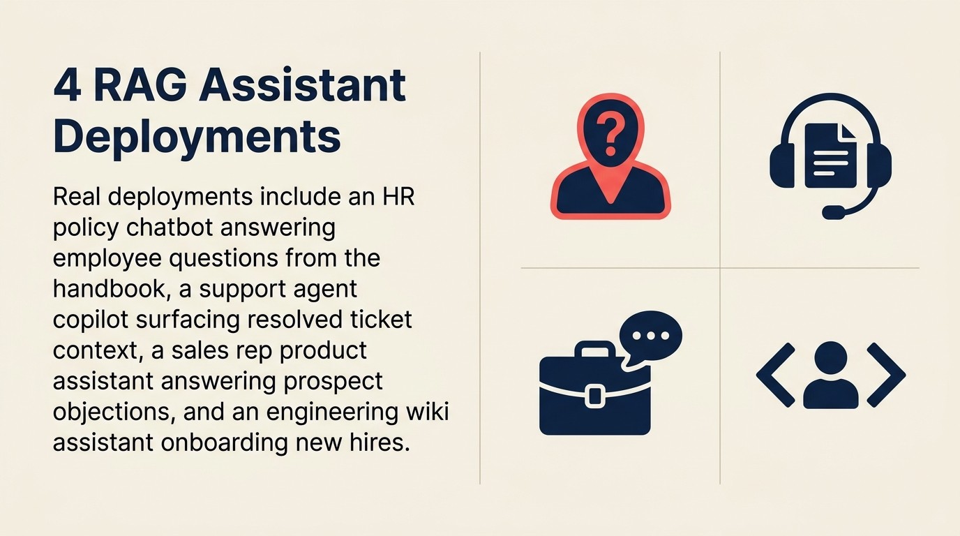 Bốn ví dụ RAG Assistant: chatbot chính sách HR, support copilot, trợ lý sales, và wiki kỹ thuật cho onboarding