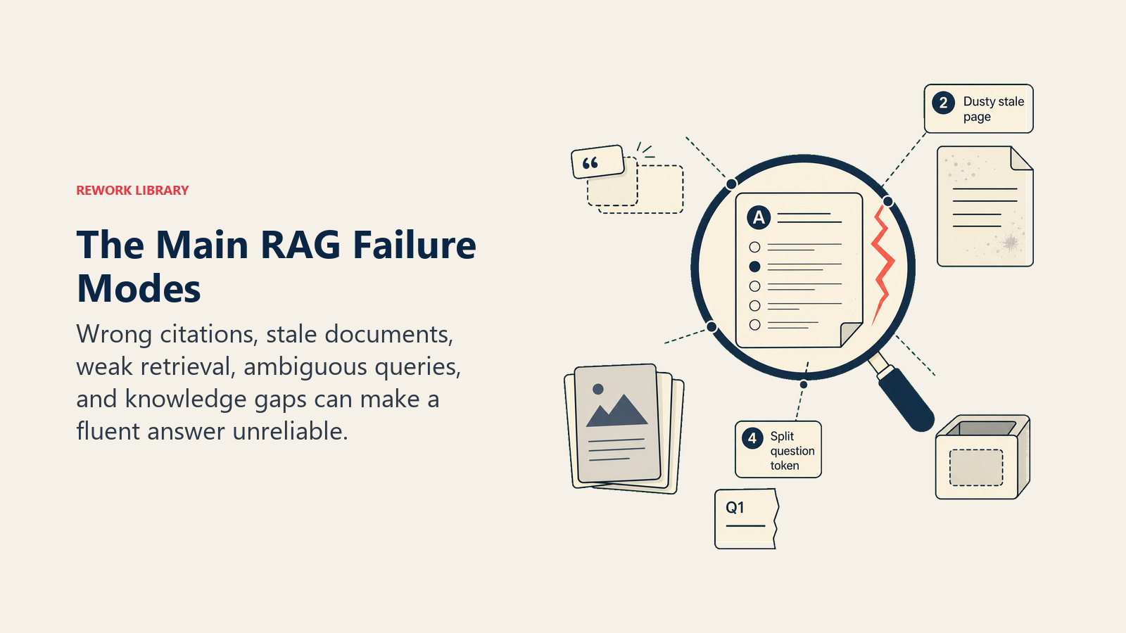 RAG failure modes shown through hallucinated citations, stale documents, bad retrieval, ambiguity, and knowledge gaps