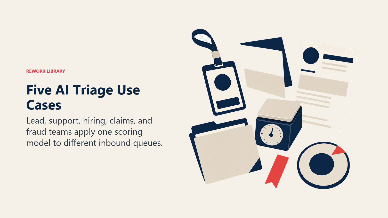 Five AI triage use cases represented by lead, ticket, resume, claim, and payment record artifacts