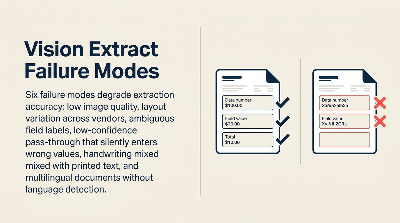 Vision Extract failure mode: chất lượng ảnh thấp, biến thể layout, trường mơ hồ, pass-through confidence thấp, chữ viết tay lẫn văn bản in, tài liệu đa ngôn ngữ