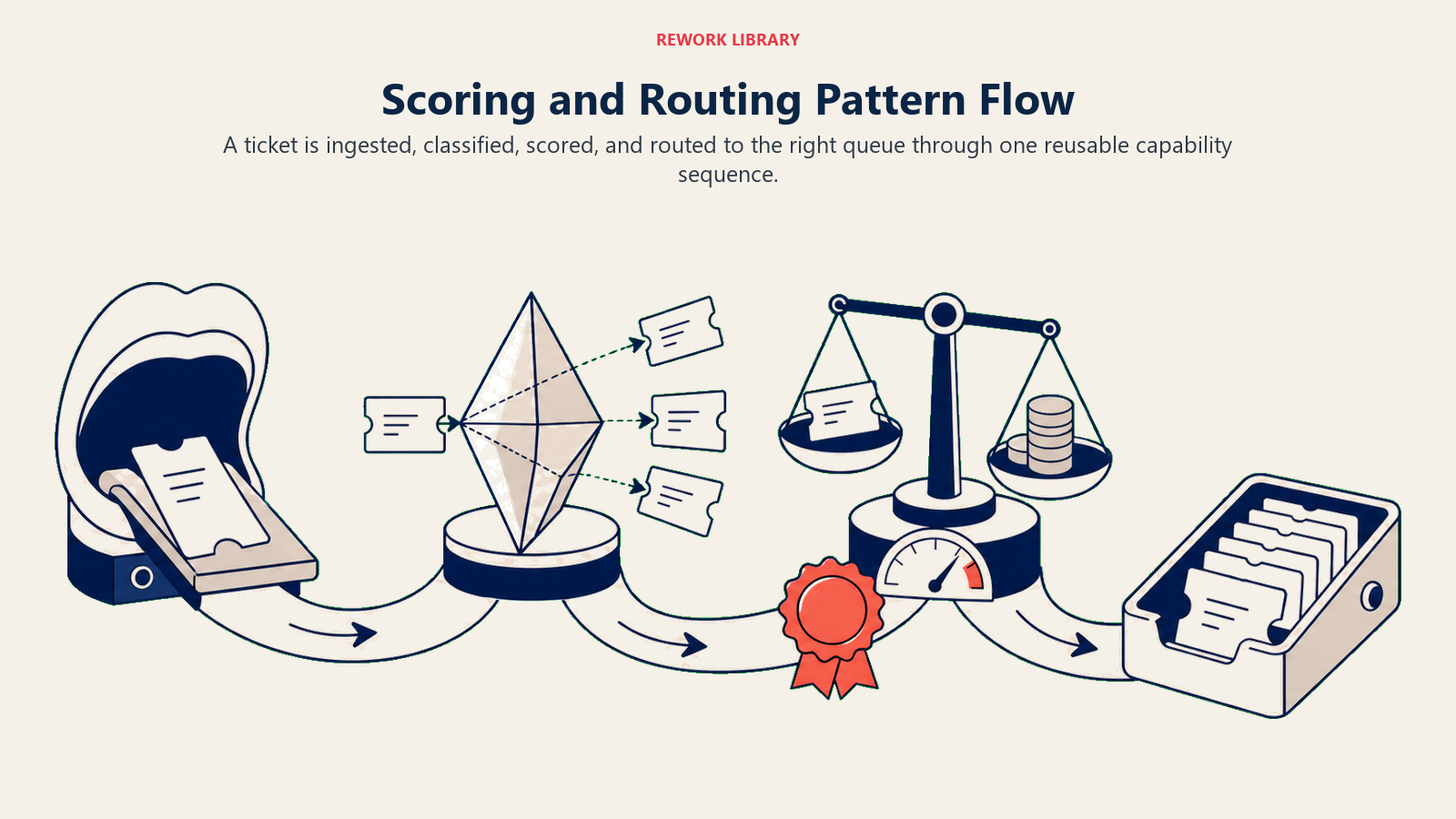 Scoring and Routing Pattern Flow moving a support ticket through intake, classification, priority scoring, and specialist routing