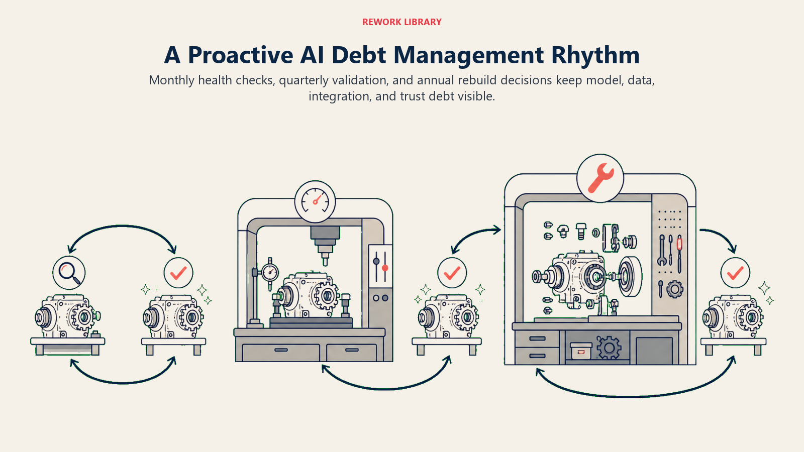 Proactive AI debt management rhythm with monthly checks, quarterly validation, and annual rebuild decisions