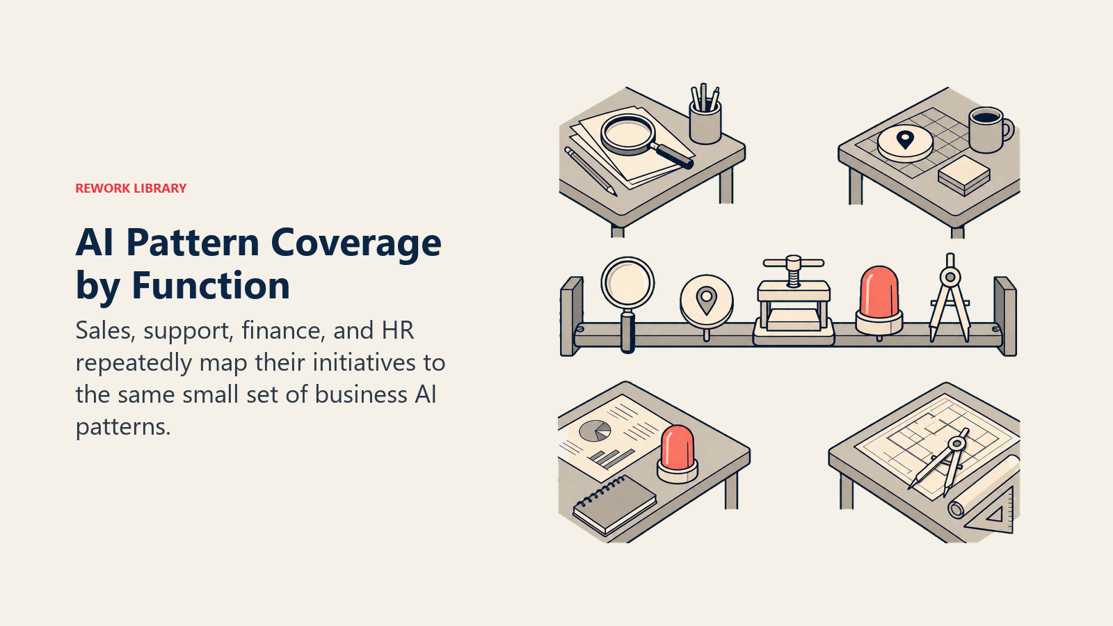 Four business functions drawing reusable AI pattern tools from one shared rack