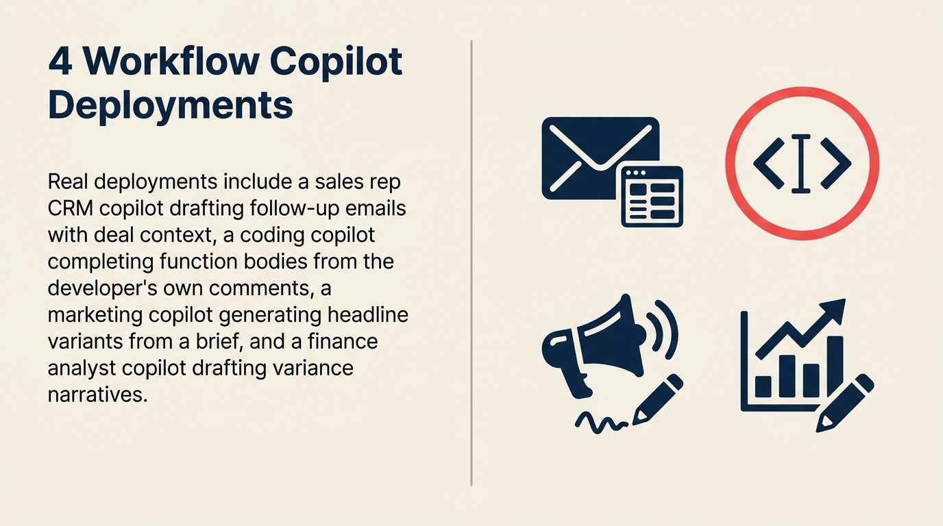 Bốn ví dụ Workflow Copilot: sales rep CRM copilot, coding copilot, marketing headline copilot, và finance analyst query và narrative copilot