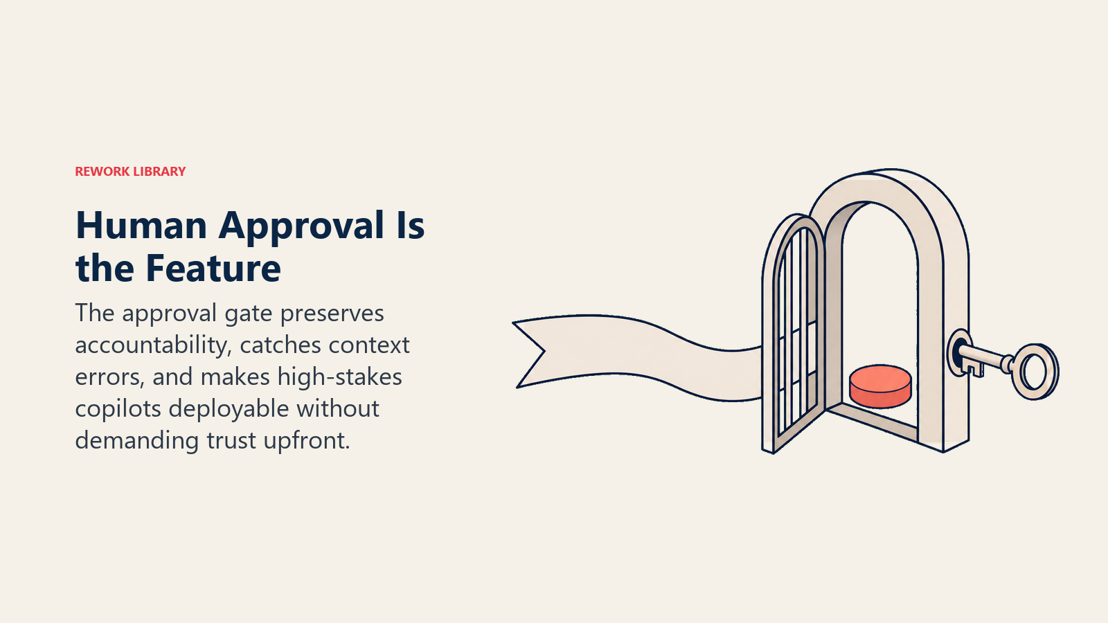 Human approval key controlling whether an AI suggestion becomes an external action