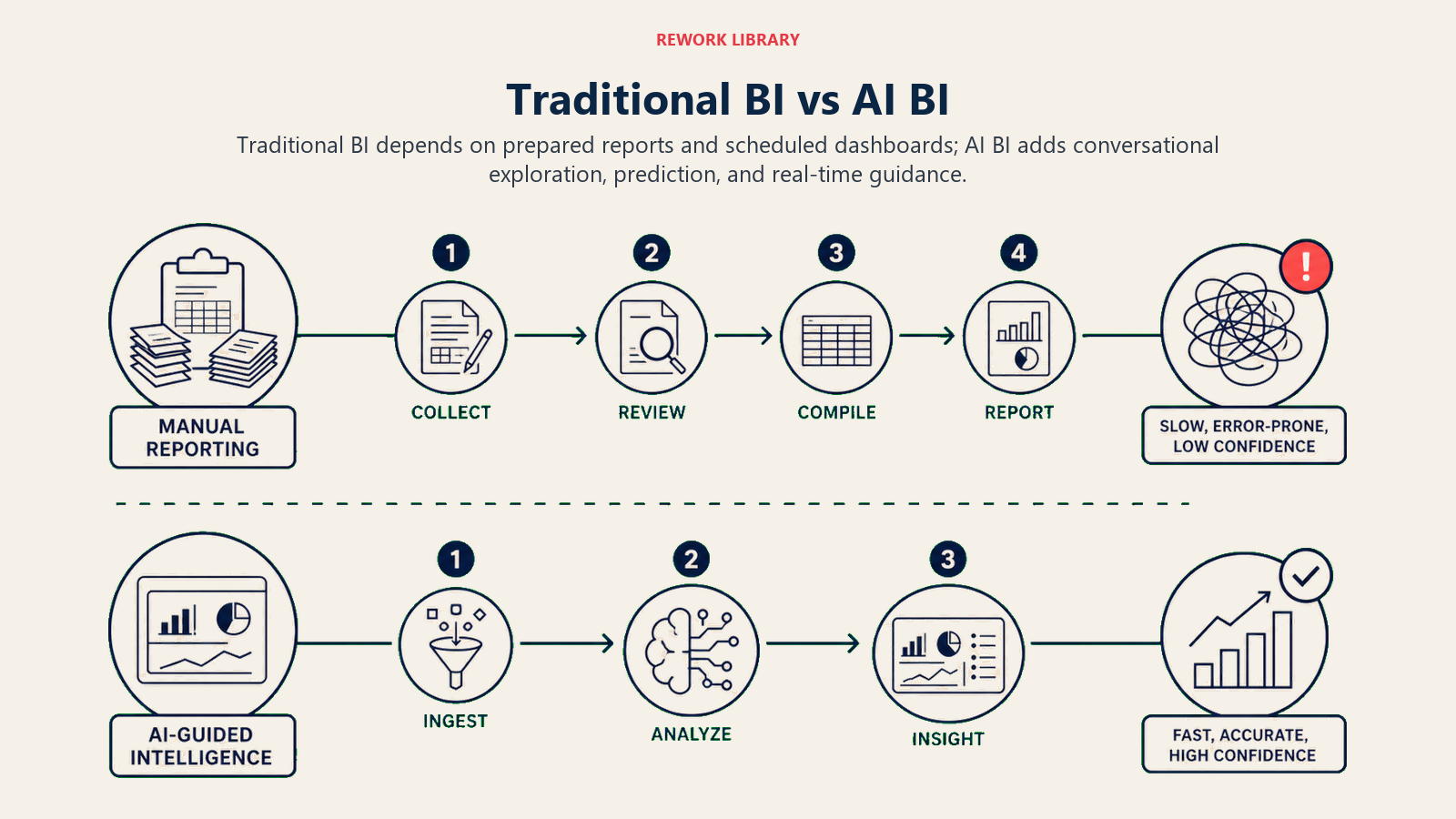Traditional business intelligence compared with AI-enhanced business intelligence