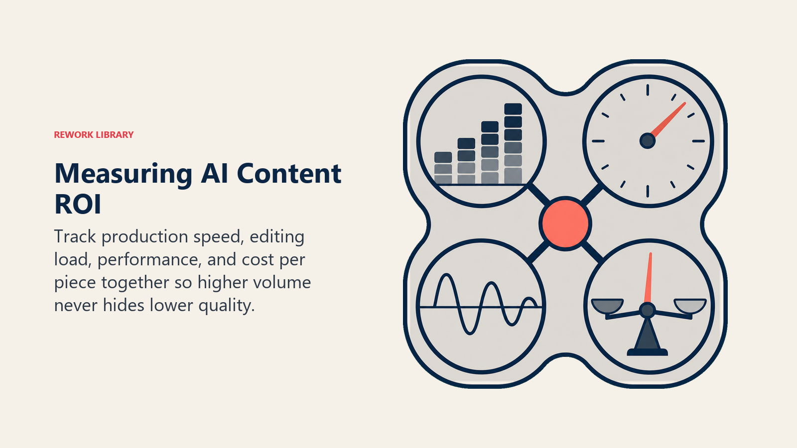 AI content ROI console balancing production speed, editing load, performance, and cost