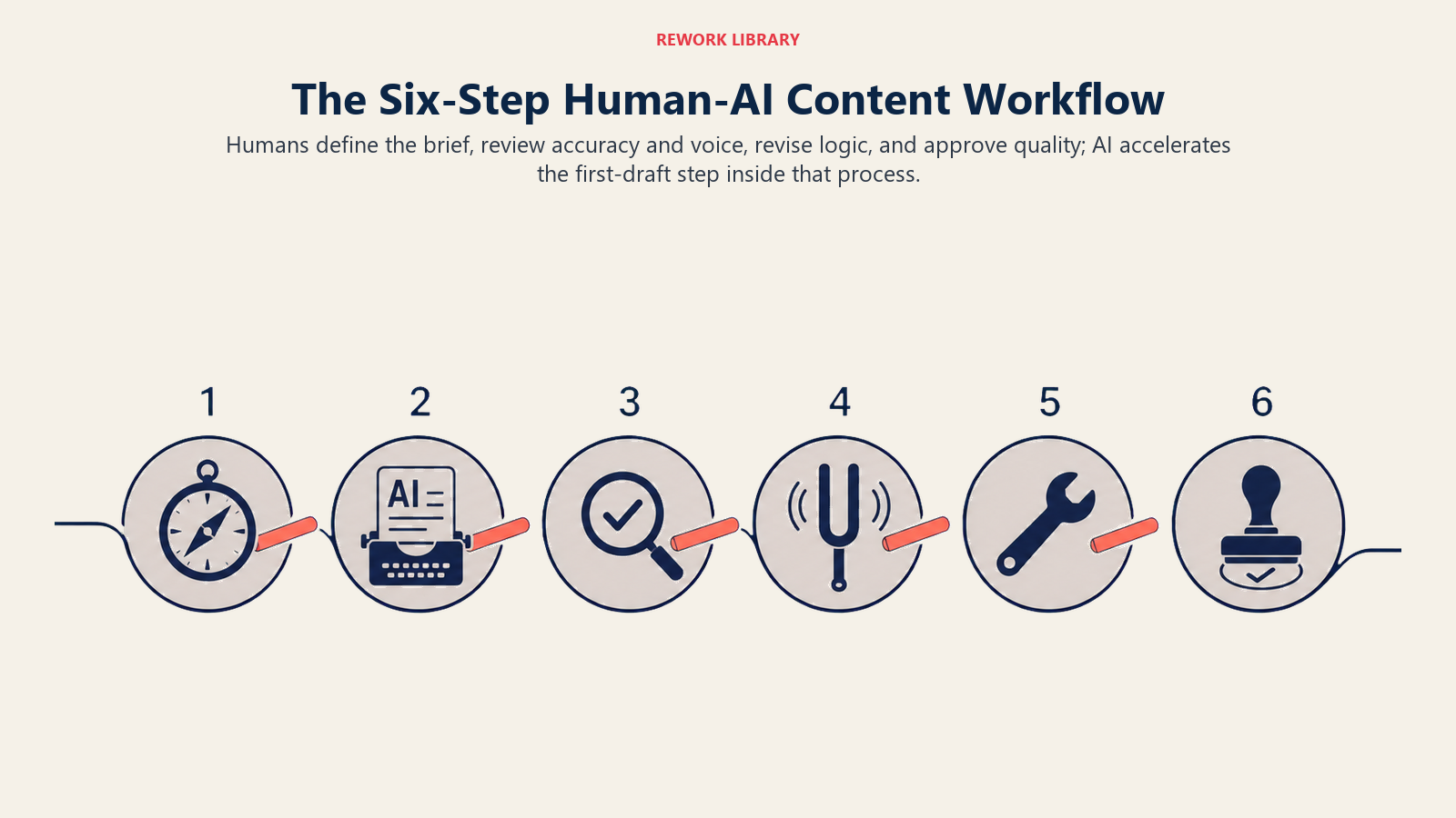 Six-step human-AI content workflow from brief through draft, review, revision, and approval
