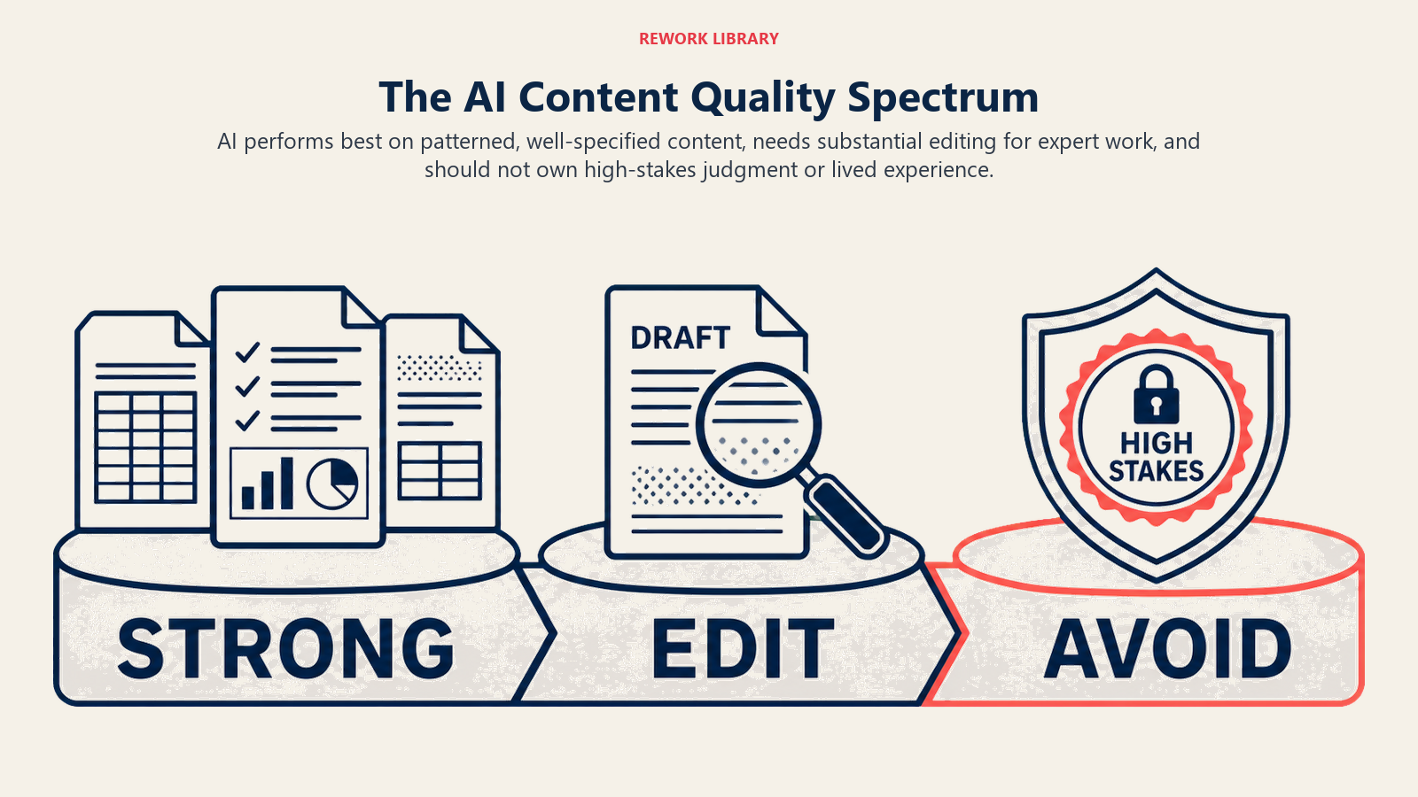 Three-zone AI content quality spectrum from patterned drafts to high-stakes judgment