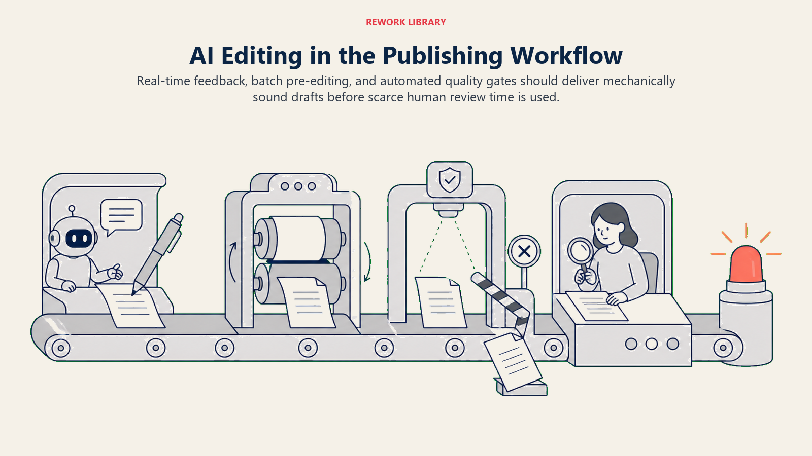 Publishing workflow with real-time AI editing, batch correction, quality gate, and human review