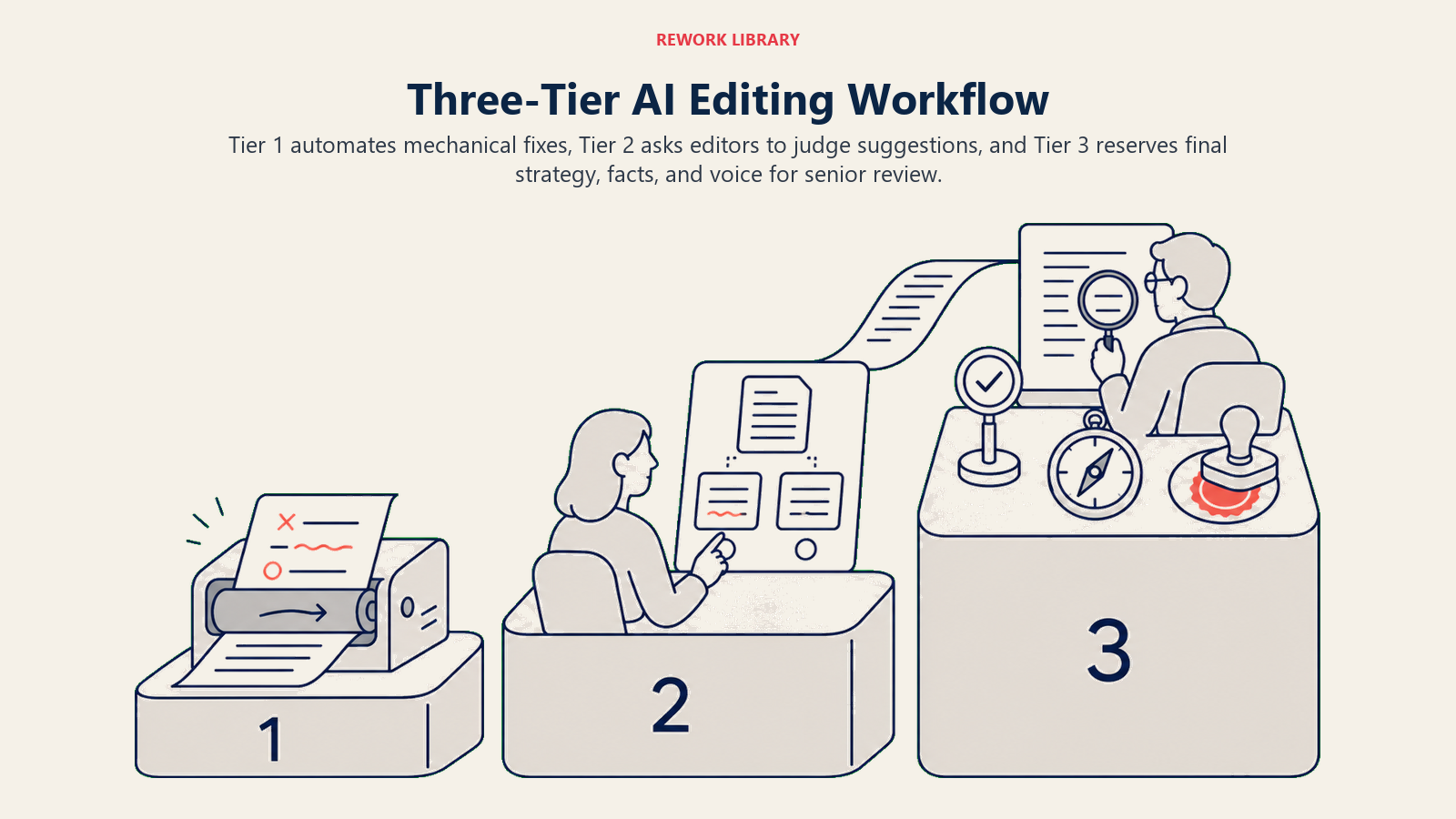 Three-tier AI editing workflow from automated correction to senior human review