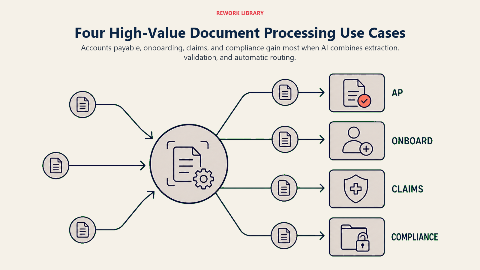 AI document engine routing extracted information to accounts payable, onboarding, claims, and compliance