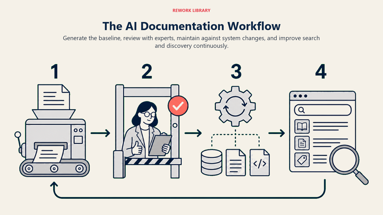 Four-stage AI documentation workflow from initial generation through search and discovery