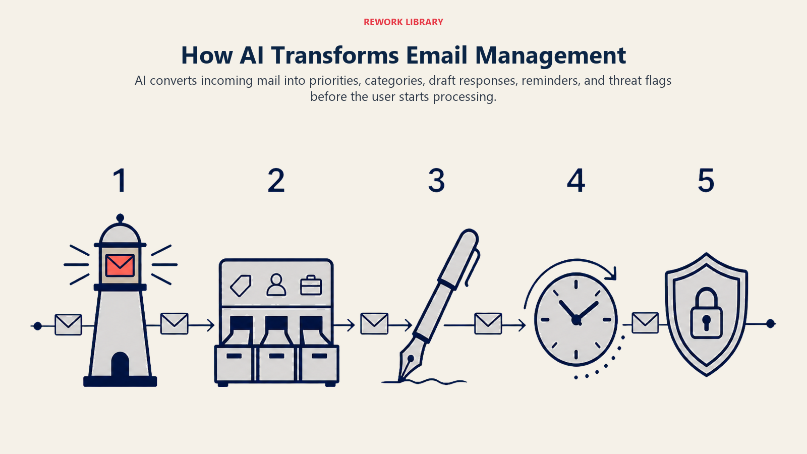 Five-stage AI email workflow for priority, category, draft, reminder, and security