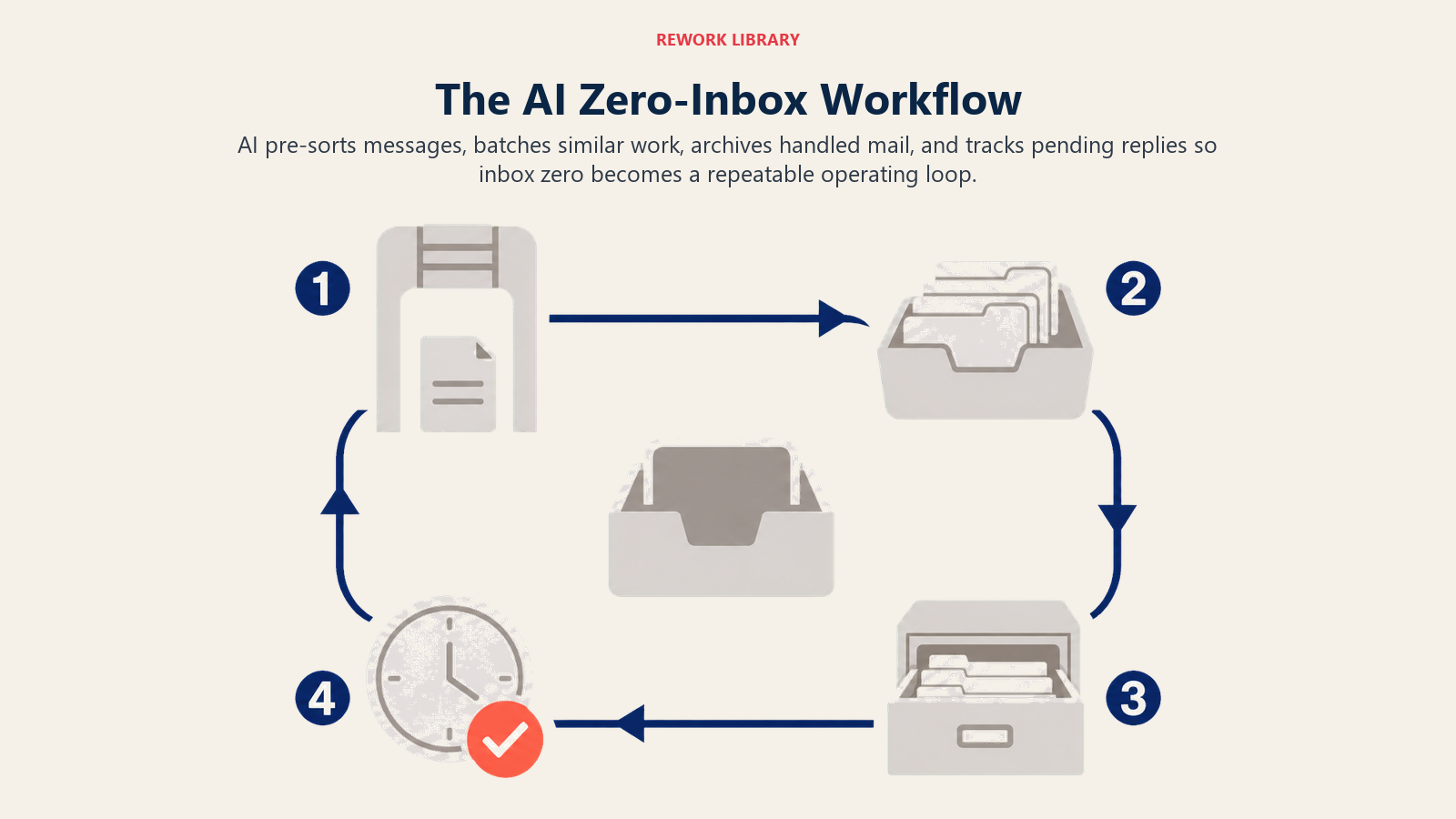 Four-step AI zero-inbox loop for sorting, batching, archiving, and follow-up