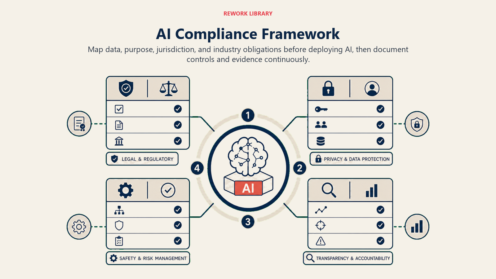 AI compliance framework connecting data purpose jurisdiction and industry rules