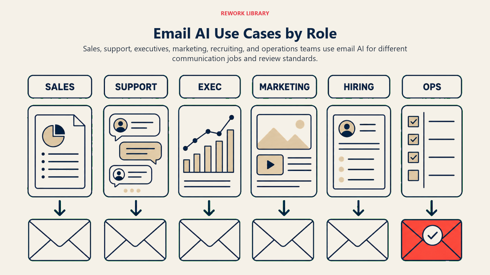 Email AI use cases across sales, support, executive, marketing, hiring, and operations roles
