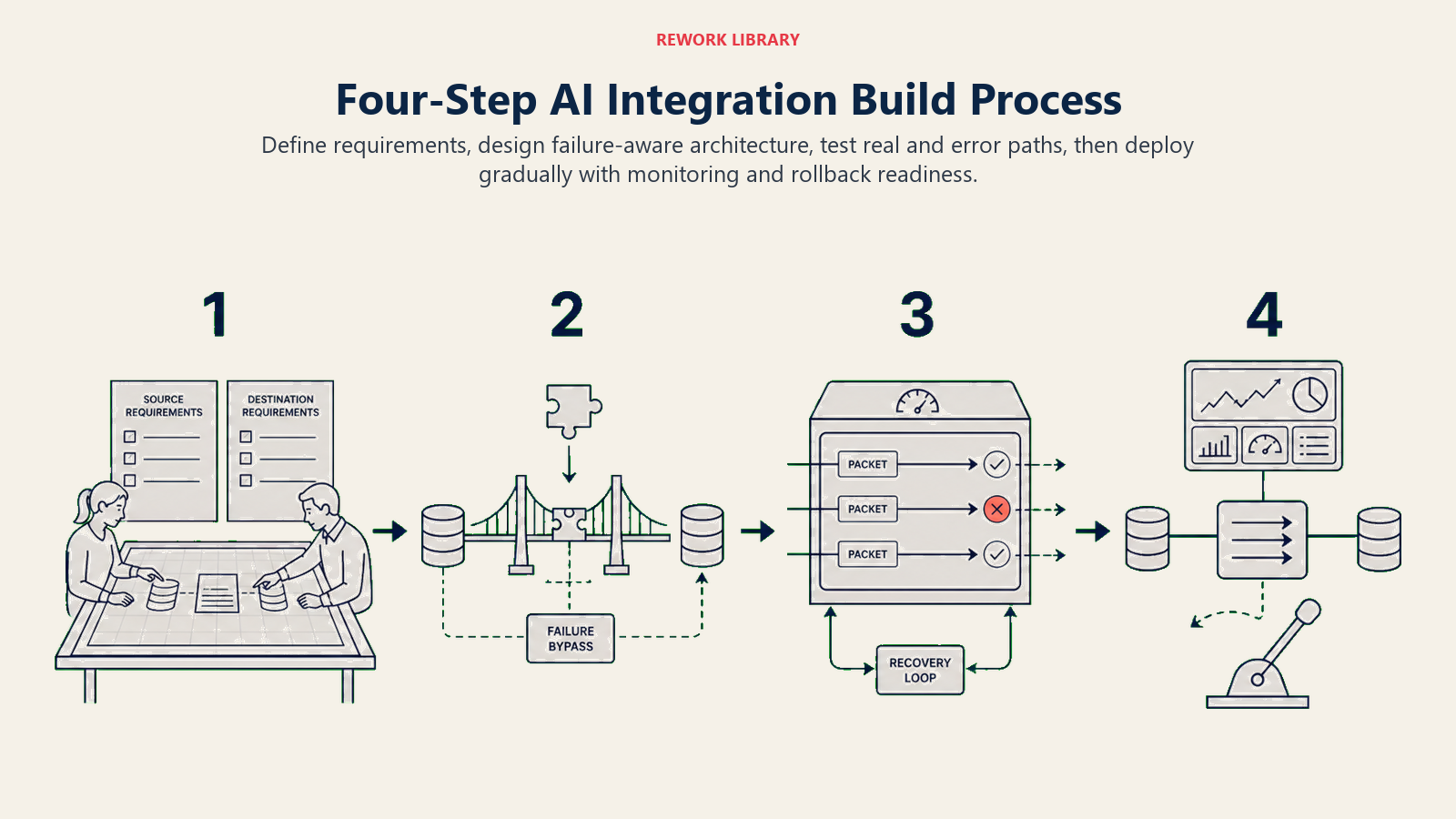 Four-step AI integration build process from requirements through monitored deployment