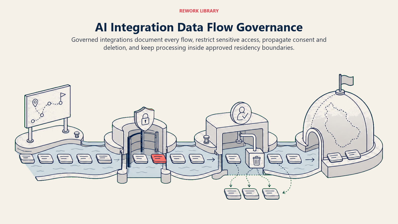 AI data flow passing documentation, access, consent, and residency governance checkpoints