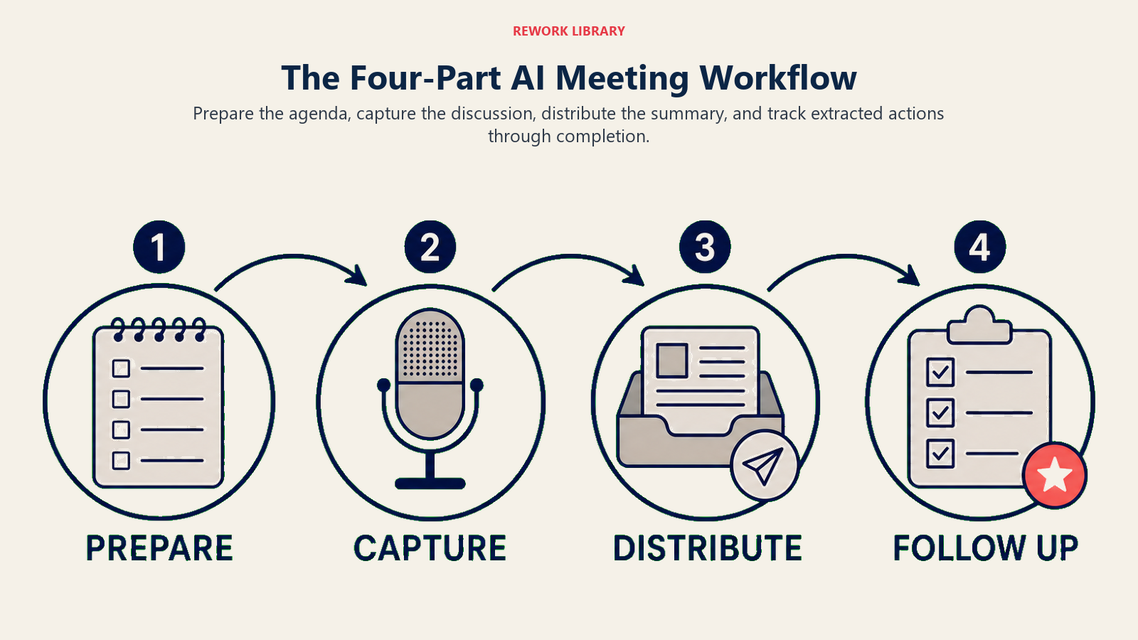 Four-part AI meeting workflow from agenda preparation through action tracking