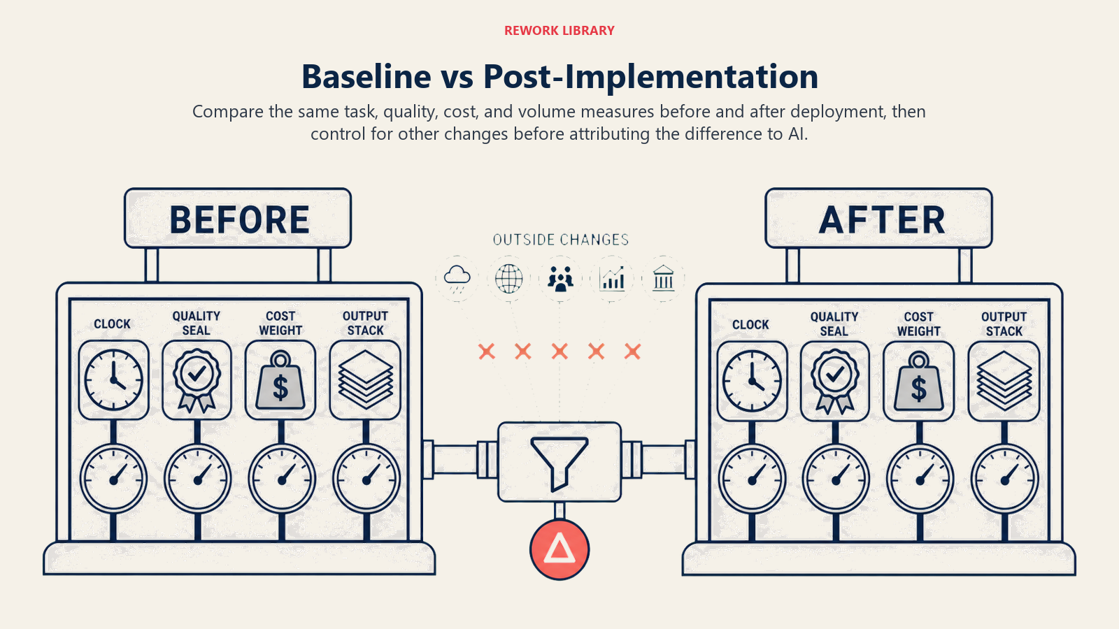 Matched baseline versus post-implementation AI measurement with attribution controls