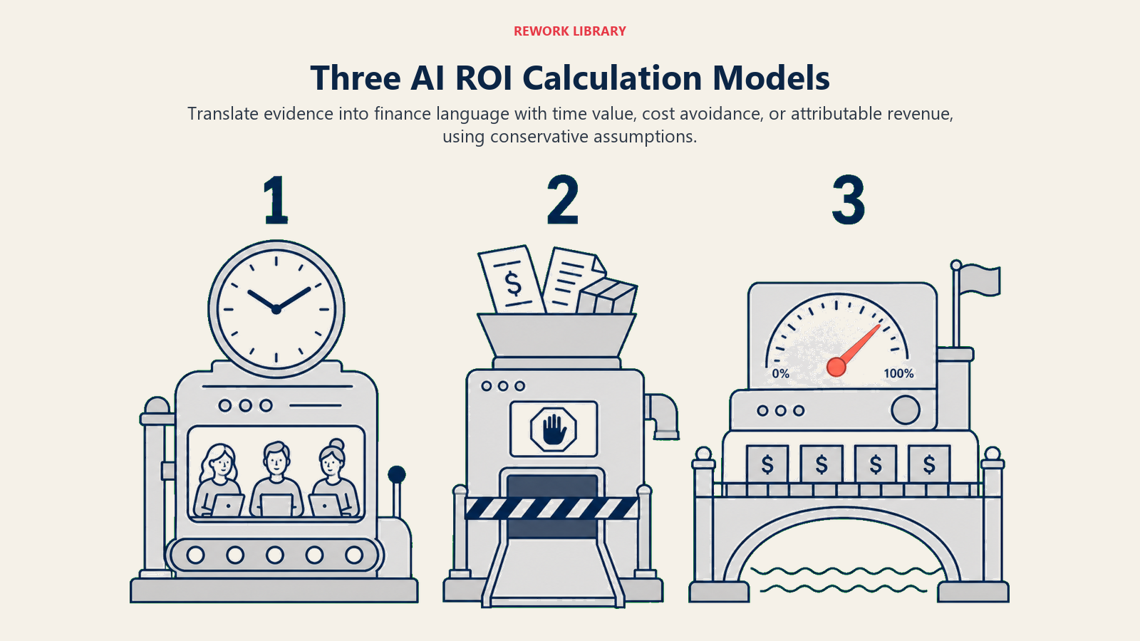Three AI ROI calculation models for time value, cost avoidance, and revenue impact