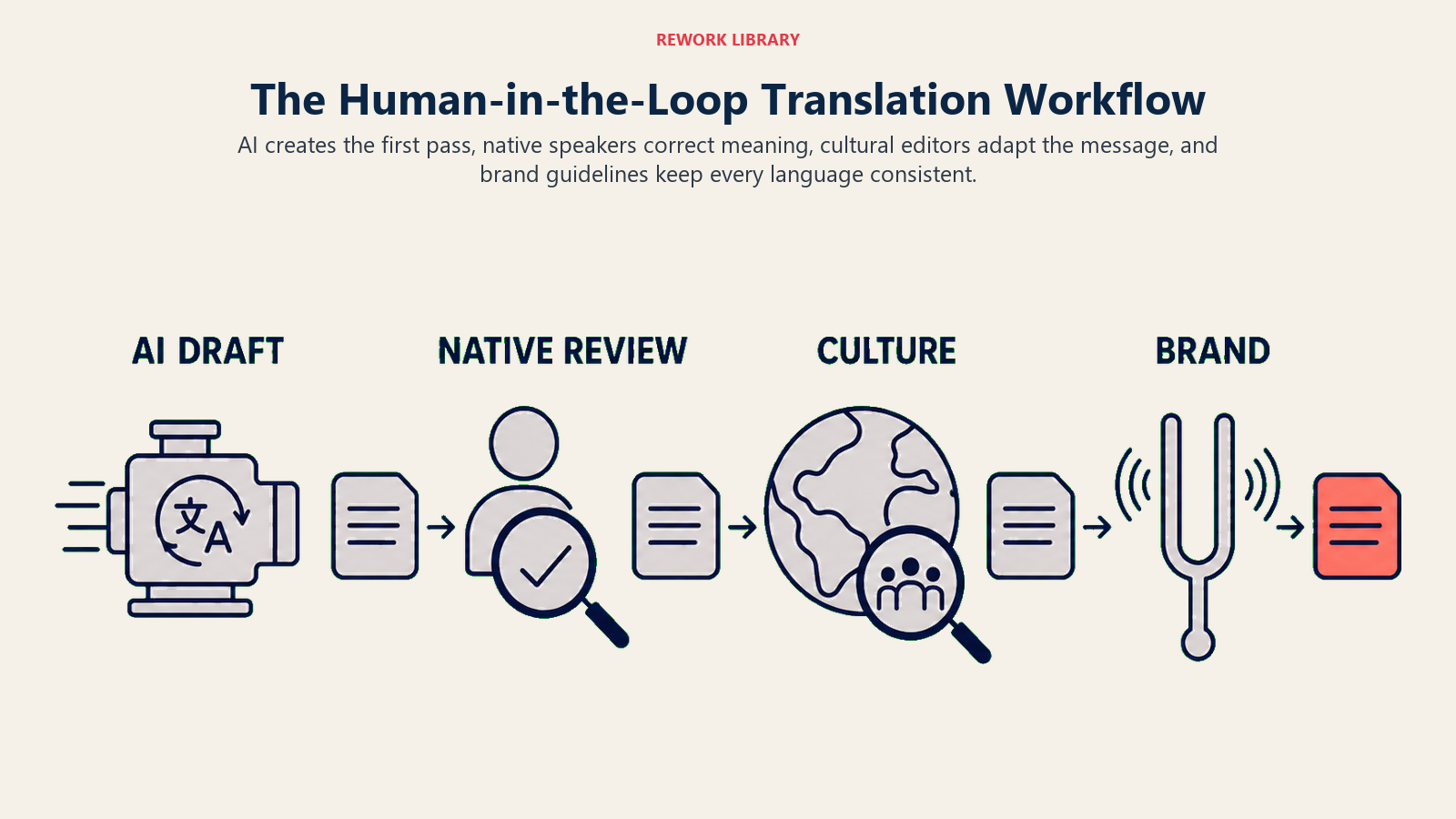 Four-stage human-in-the-loop translation workflow from AI draft to native, cultural, and brand review