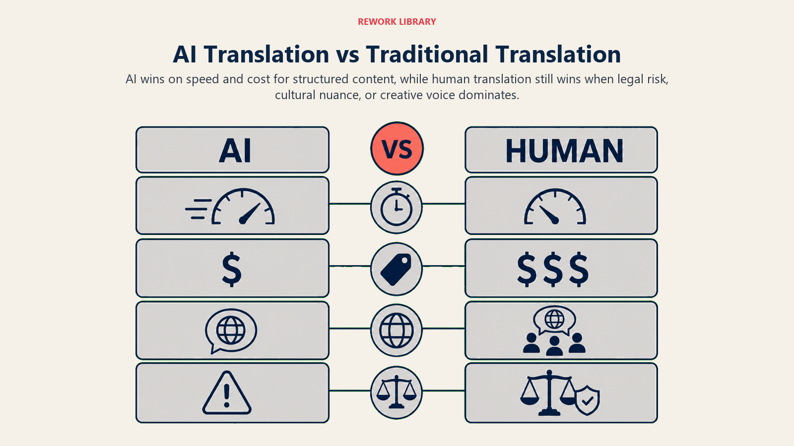AI translation compared with traditional human translation across speed, cost, nuance, and legal risk