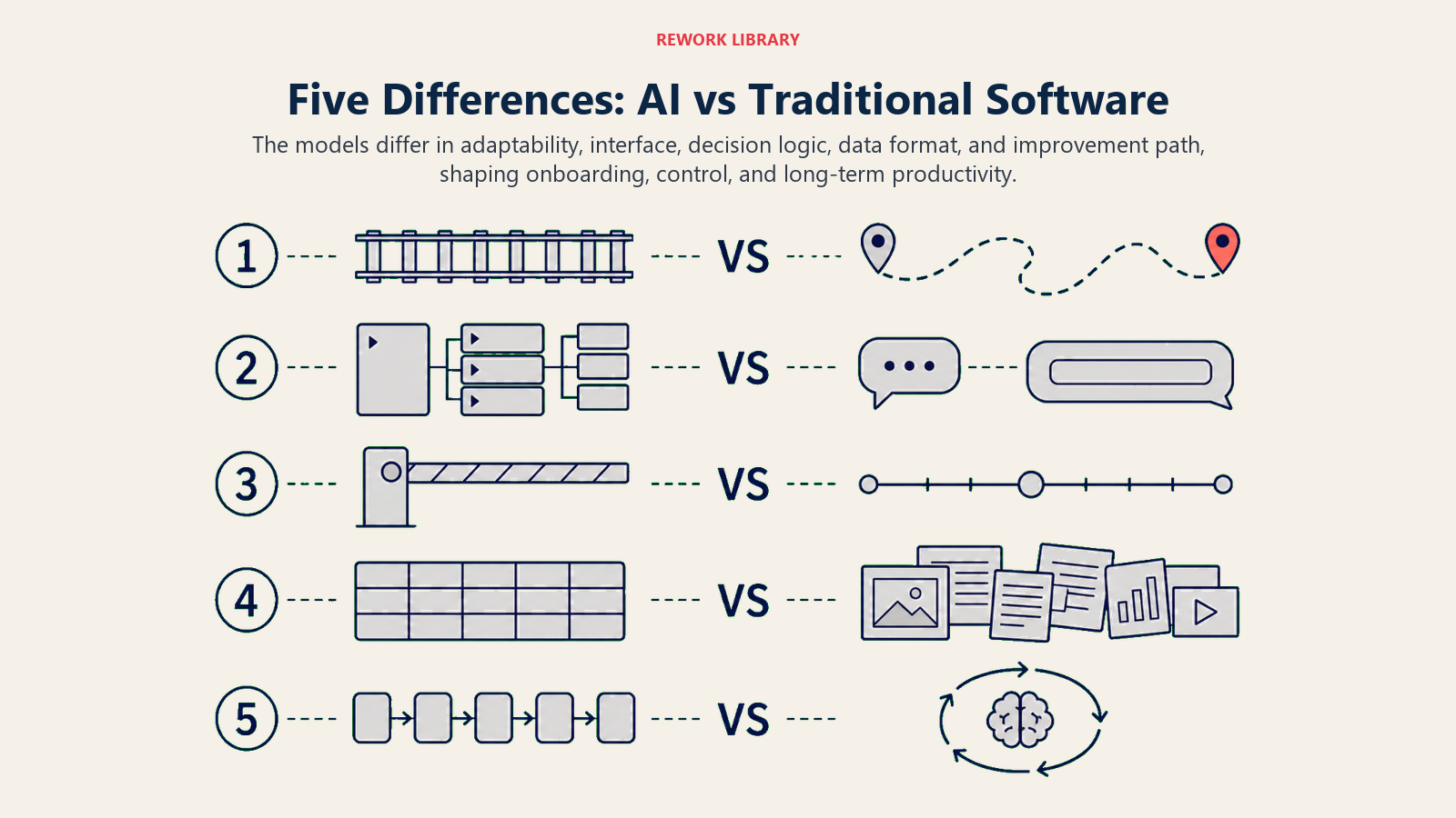 Five differences between AI and traditional software across adaptability, interface, decisions, data, and improvement