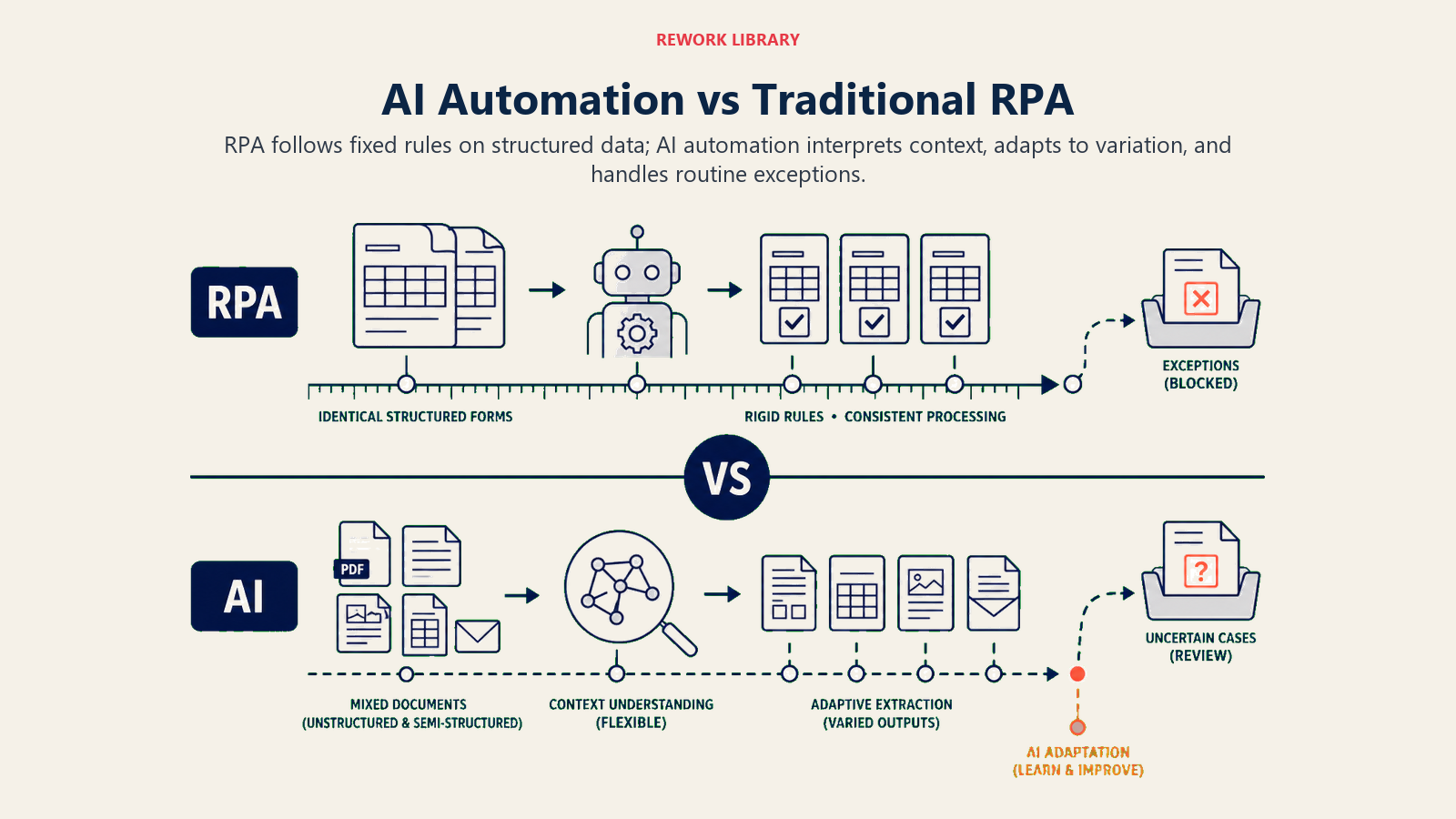 Comparison of traditional RPA fixed-rule processing and adaptive AI automation