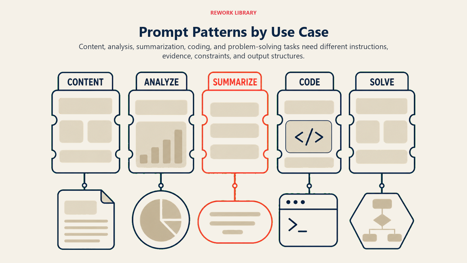 Prompt patterns tailored to content, analysis, summarization, coding, and problem-solving