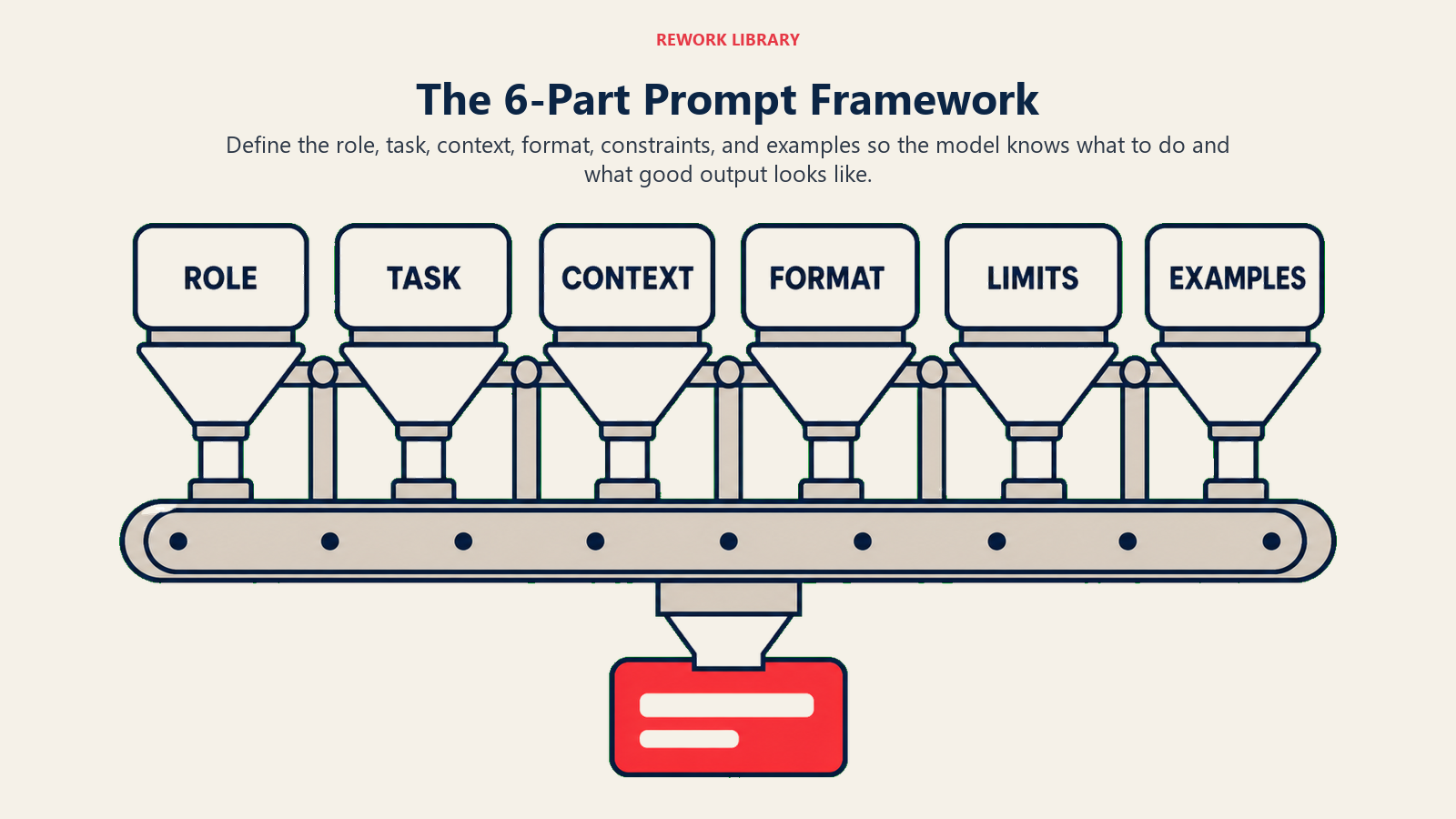 Six-part prompt framework from role through examples