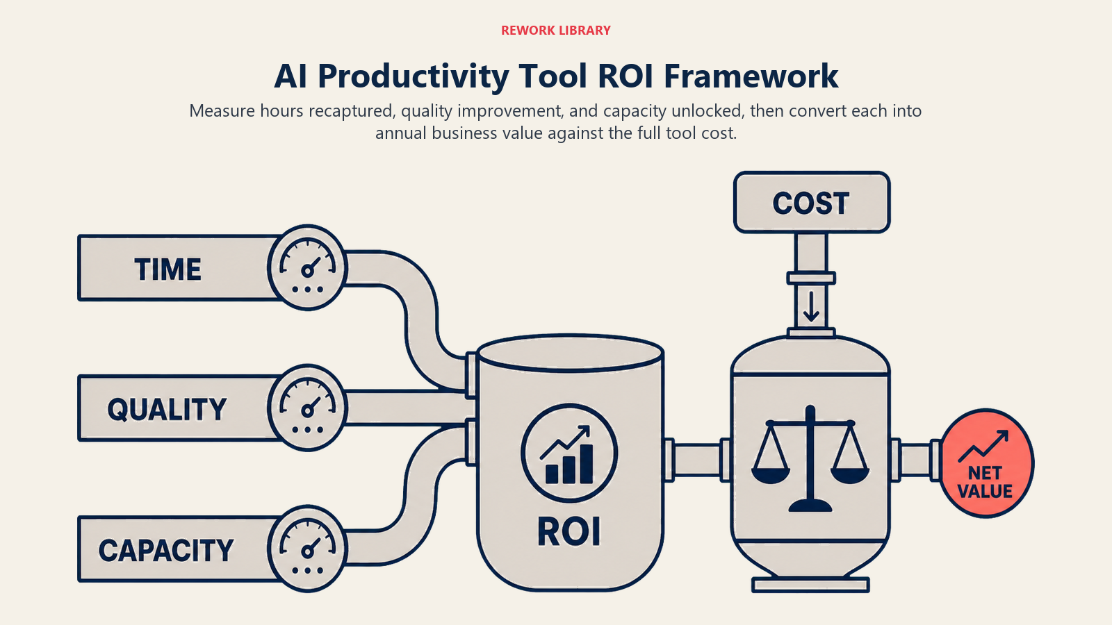 AI productivity ROI framework combining time savings, quality gains, and capacity unlocked