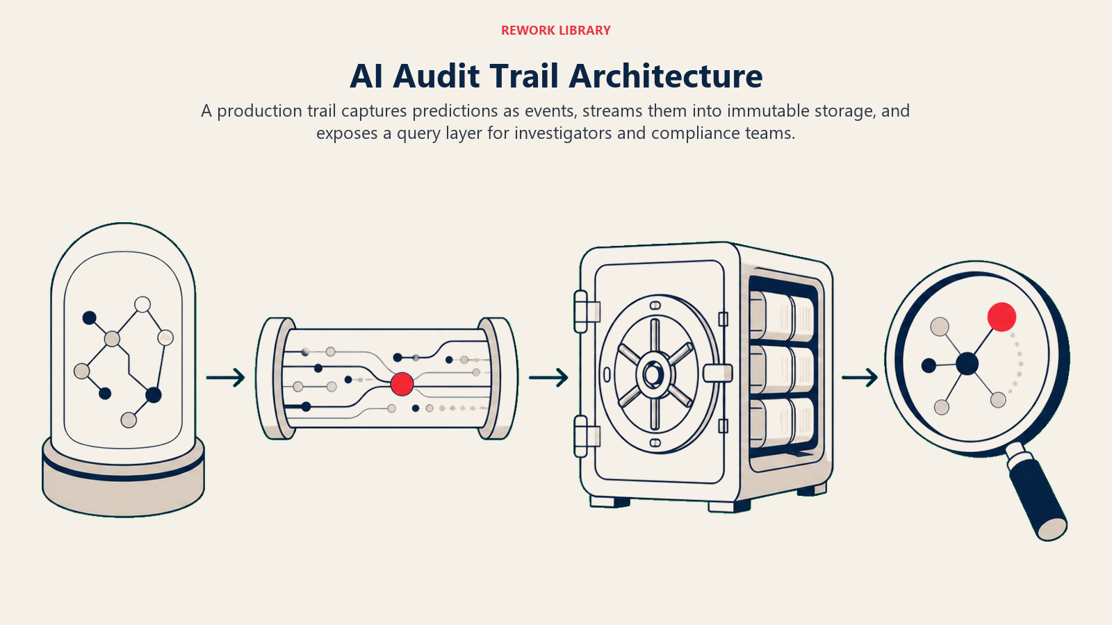 AI Audit Trail Architecture illustrated with wide event stream flowing from model capsule through broker into immutable archive and query lens