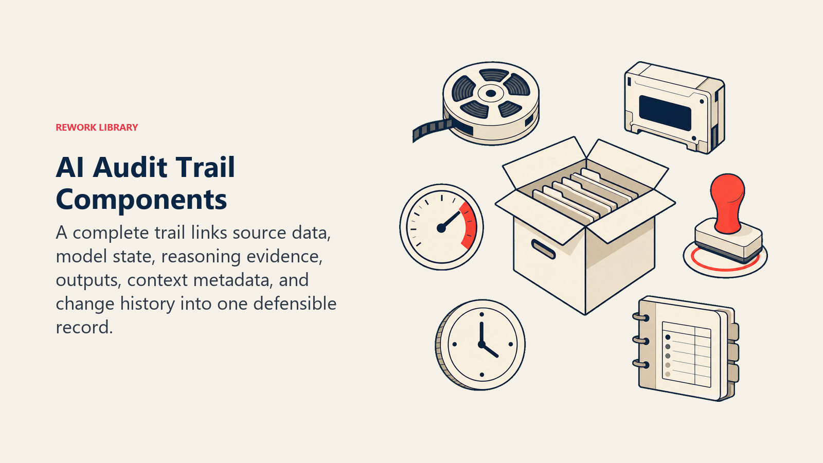AI Audit Trail Components illustrated with six distinct evidence artifacts arranged around a sealed archive box