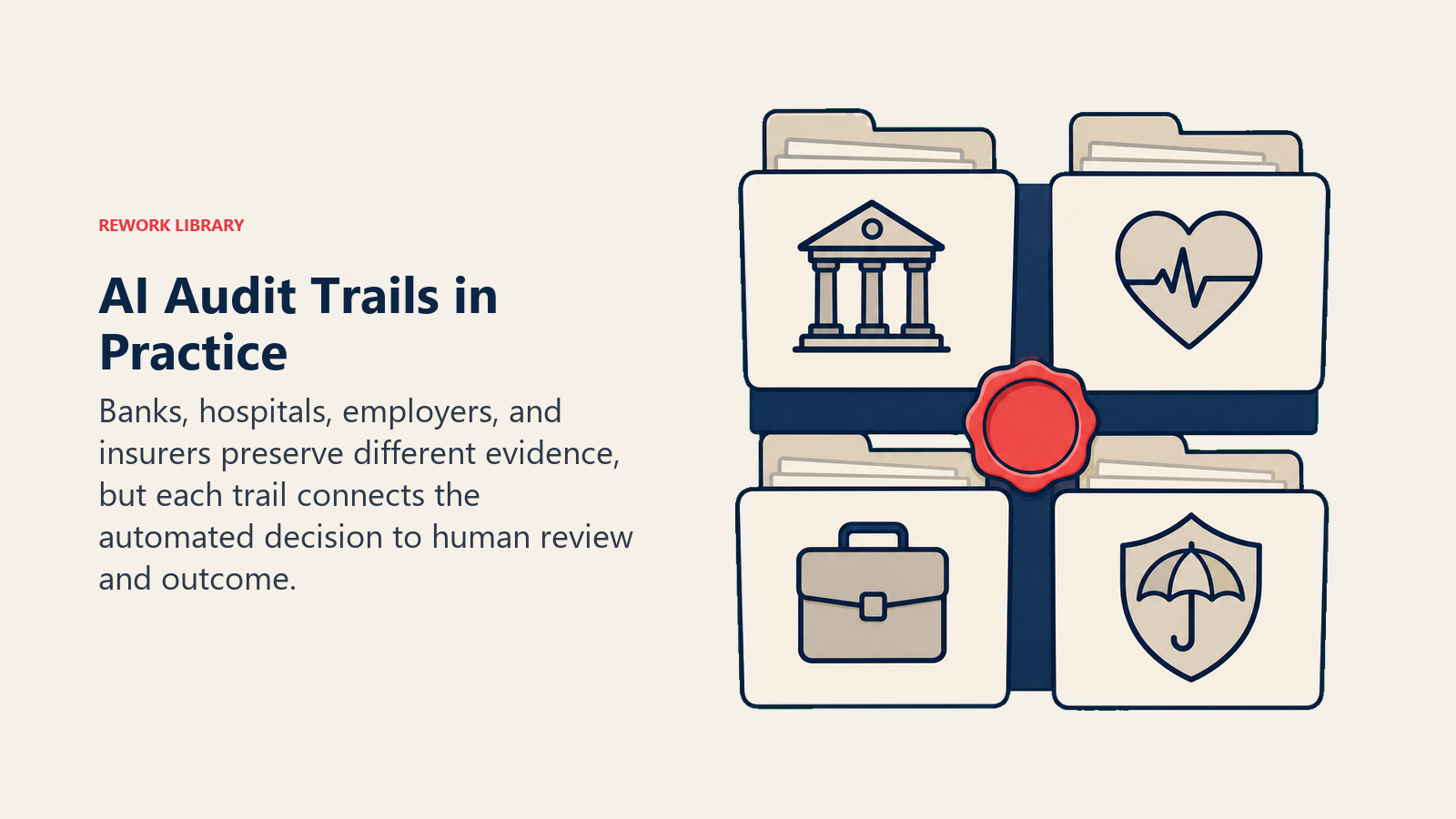 AI Audit Trails in Practice illustrated with four sector case files connected by a single evidence ribbon