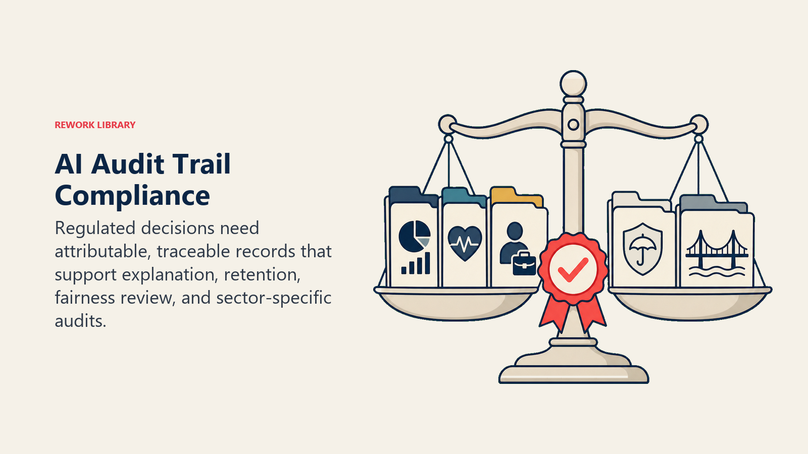 AI Audit Trail Compliance illustrated with balanced compliance scale holding five sector evidence folders