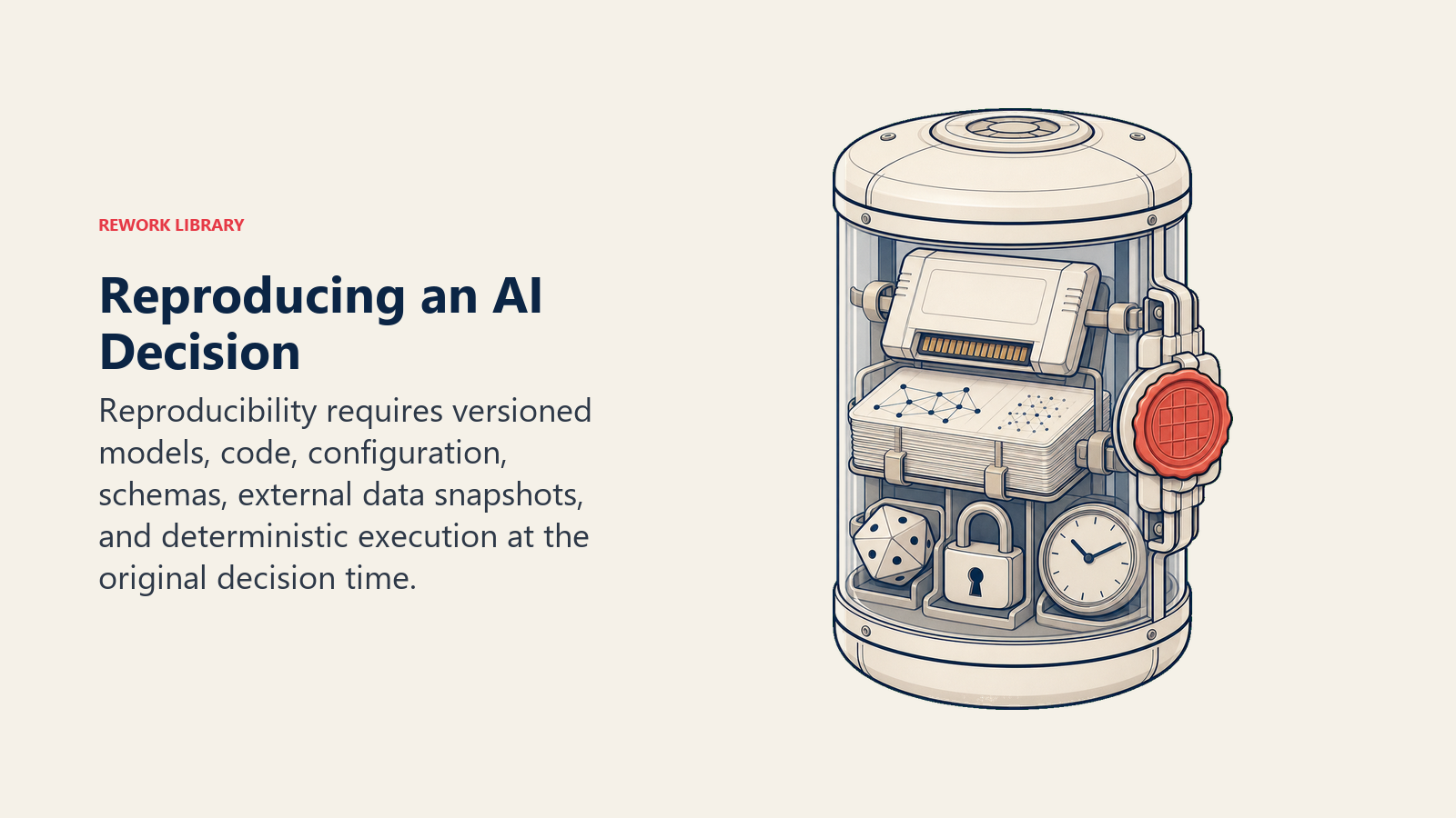 Reproducing an AI Decision illustrated with time capsule containing pinned model, data snapshot, seed, and dependency artifacts