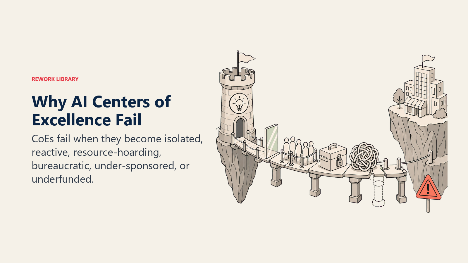 Why AI Centers of Excellence Fail illustrated with obstructed capability bridge