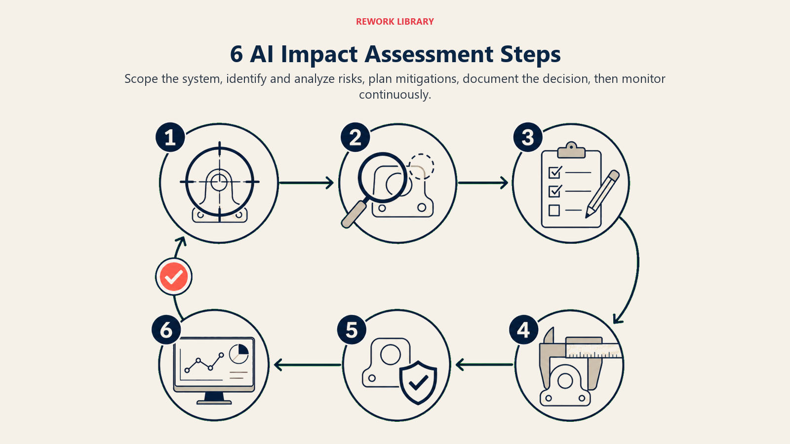 6 AI Impact Assessment Steps illustrated by a wide six-stage circular inspection route with large stage numbers 1 through 6, beginning at a scope frame and ending in a monitoring loop with one coral checkpoint.