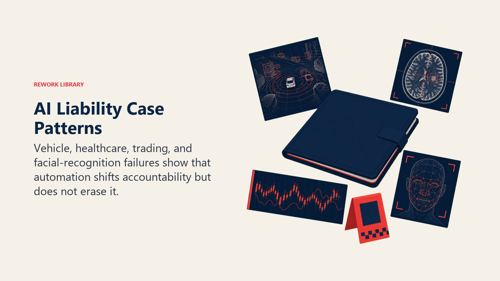 AI Liability Case Patterns shown as four incident artifacts feeding one case file