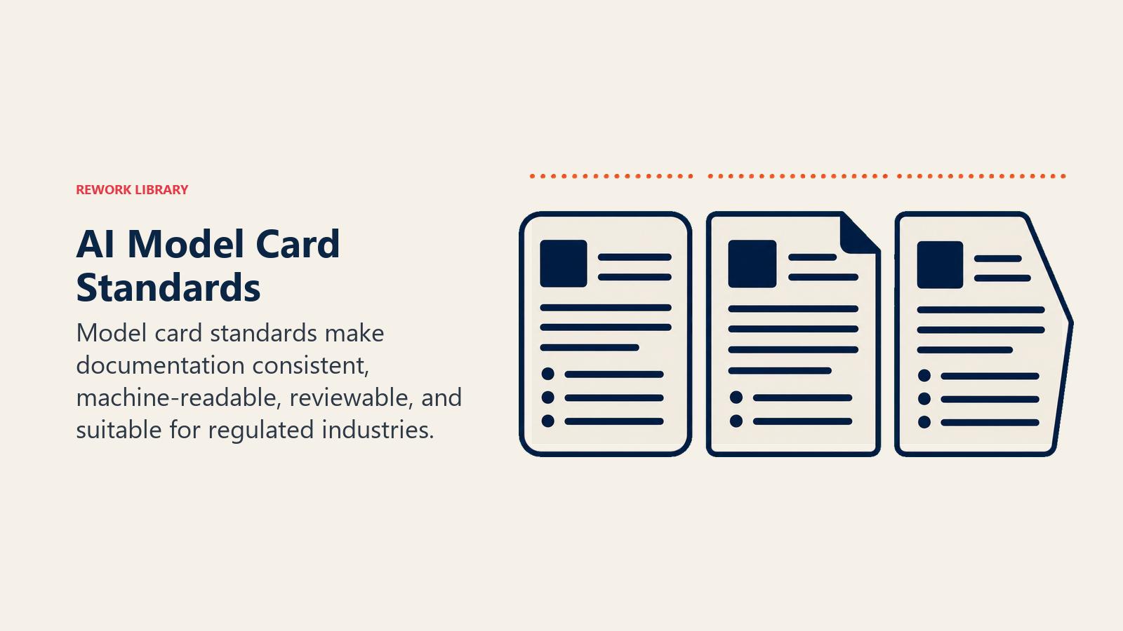 AI Model Card Standards illustrated by three differently shaped documentation templates aligning under one precise coral standard gauge
