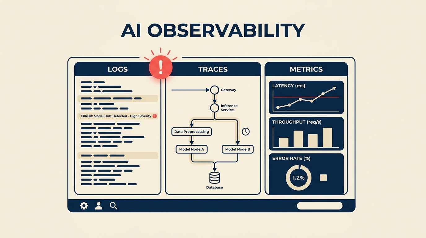 AI observability dashboard showing traces, metrics, and alerts for production AI systems
