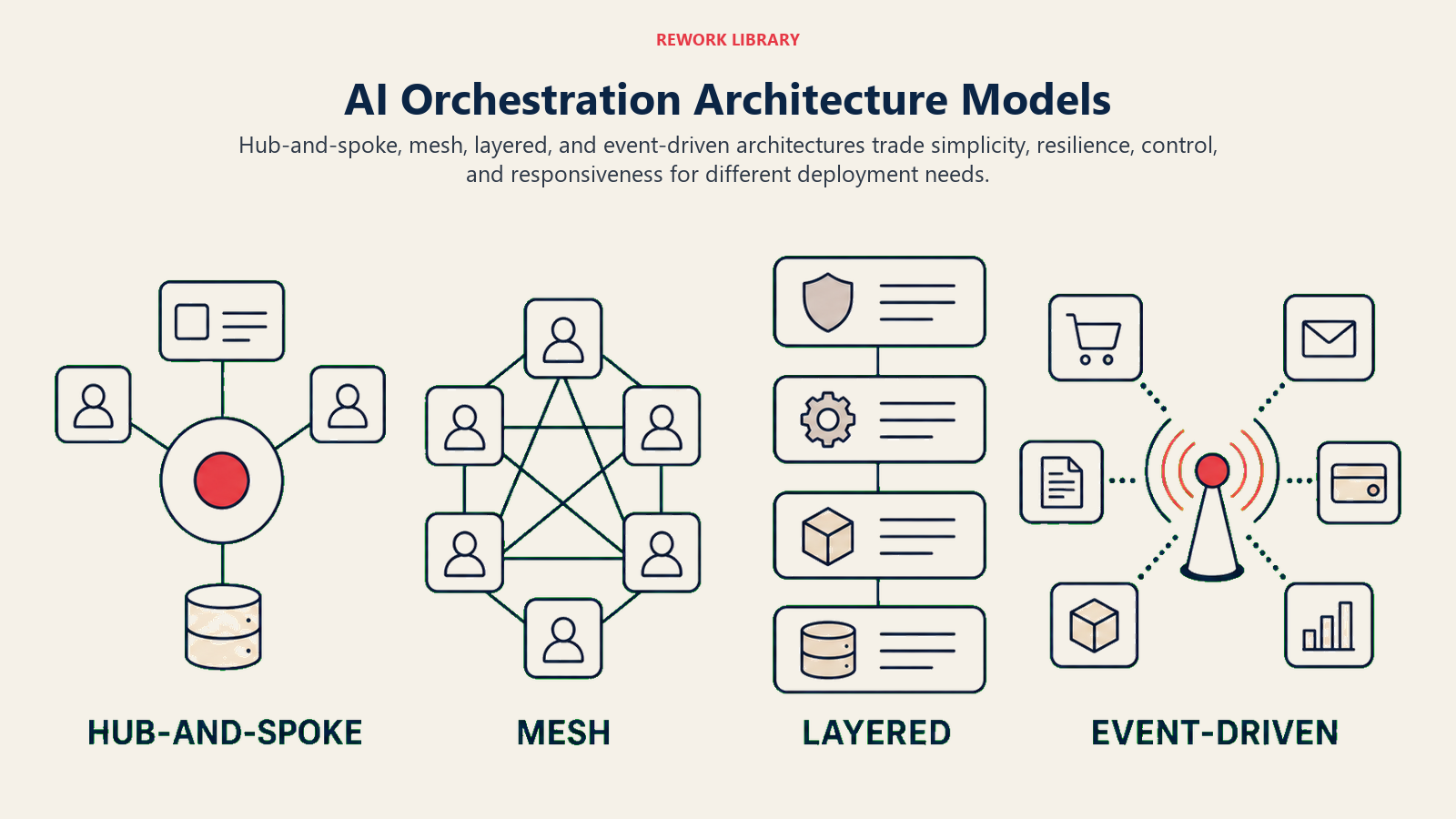 AI Orchestration Architecture Models illustrated with four wide architecture miniatures with sparse model labels