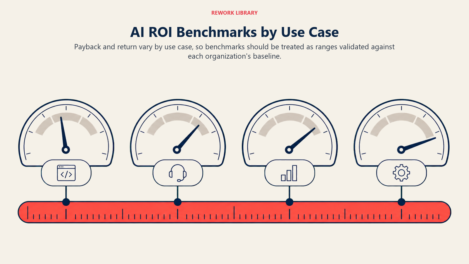 AI ROI Benchmarks by Use Case shown as a wide benchmark landscape uses four separate range gauges for software, service, sales, and operations with one coral baseline ruler