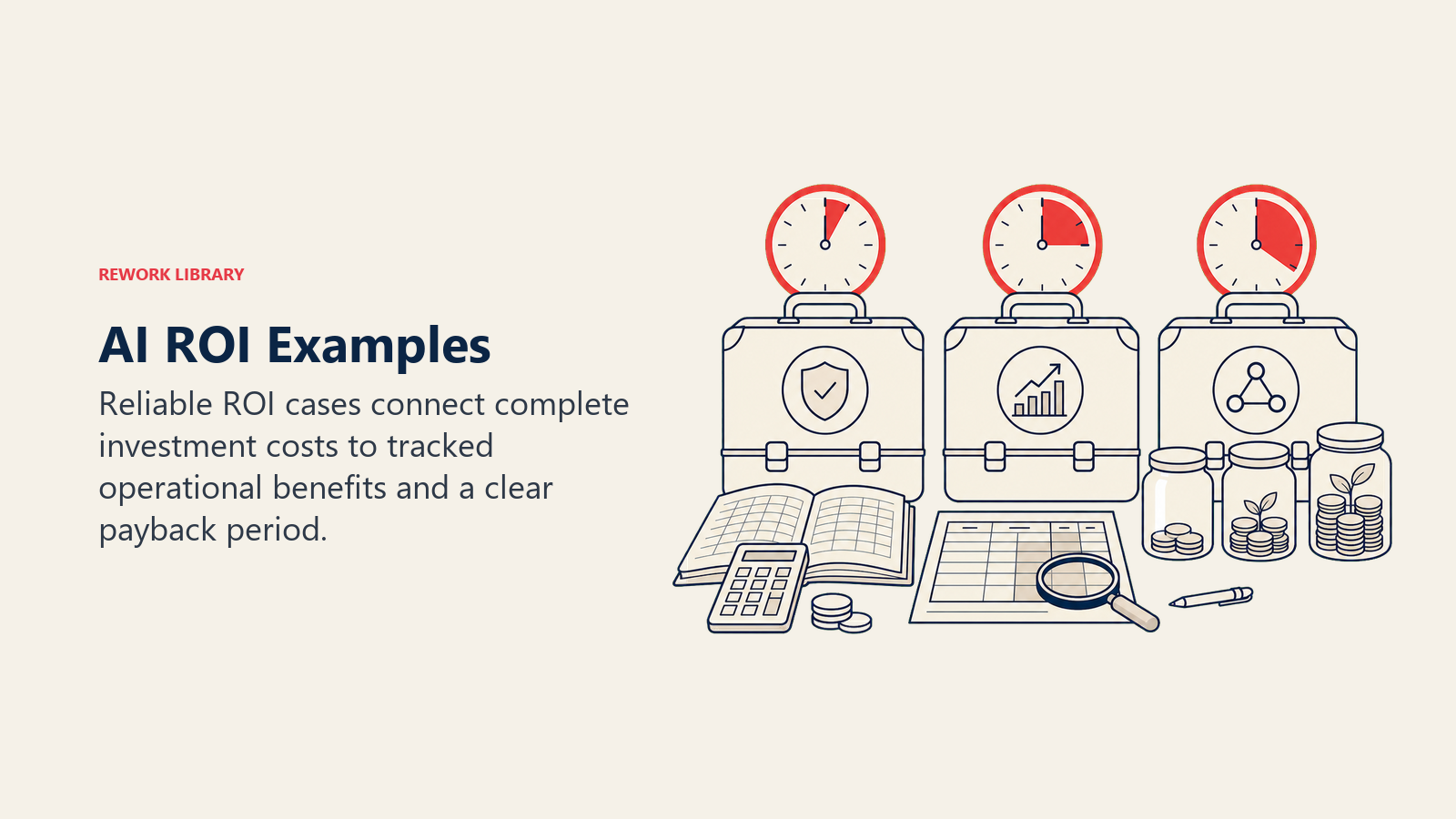 AI ROI Examples shown as three investment cases sit on a finance workbench with cost ledgers, benefit jars, and different coral payback clocks